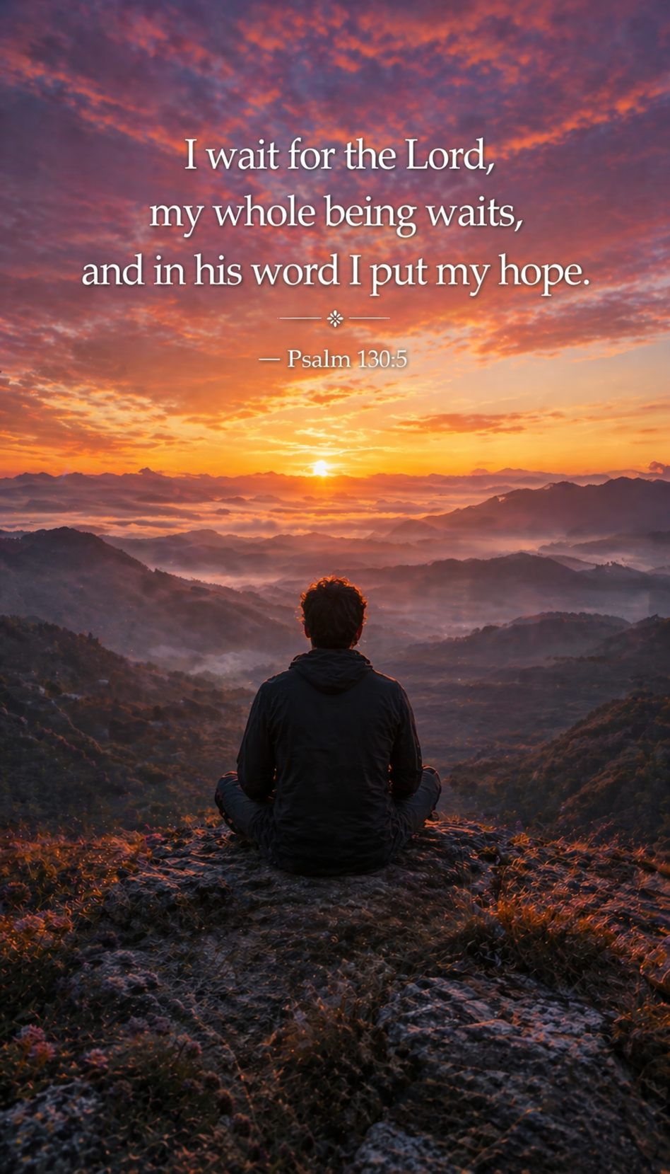 Lone figure seated cross-legged on hilltop still watching horizon first golden light sunrise slowly emerging -- Psalm 130:5 vertical wallpaper